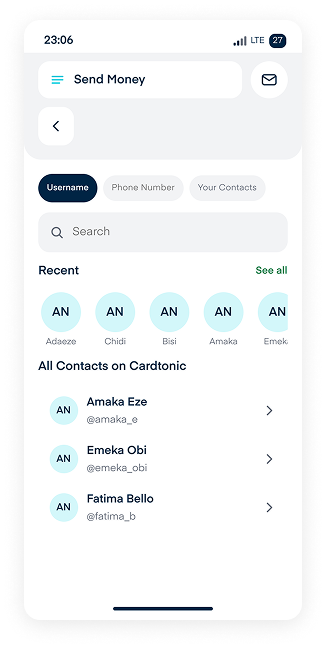 Recipient search by username, phone, or contacts