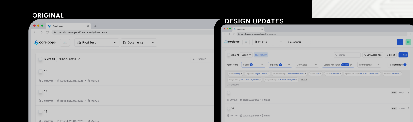 Coreloops documents filter, original versus redesigned