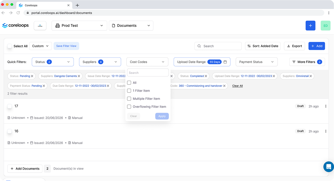 Screen supporting the key filter decision