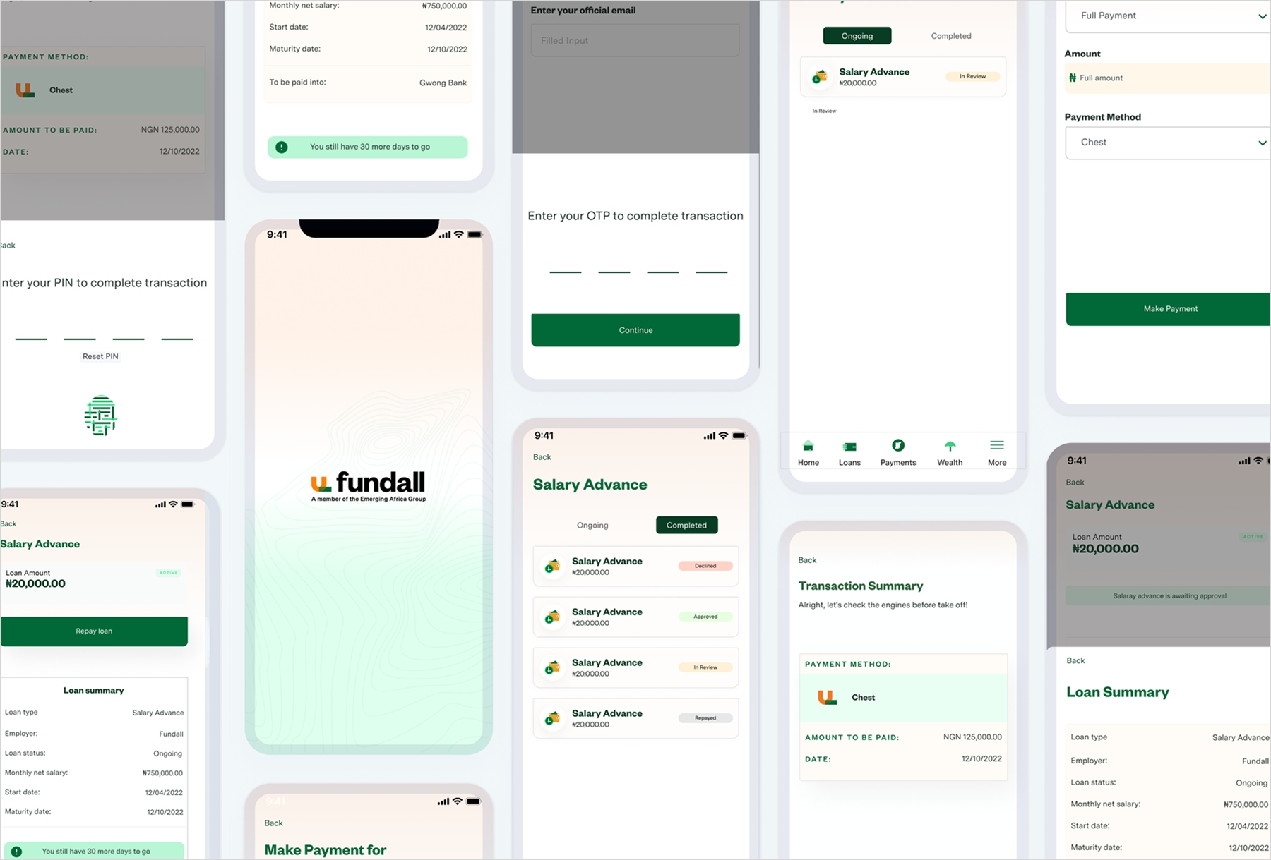 Other screens across the Fundall app