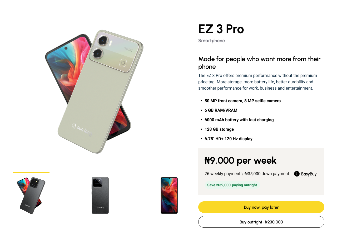 The EZ 3 Pro phone page after: weekly price, the saving for paying outright, Buy now pay later and Buy outright