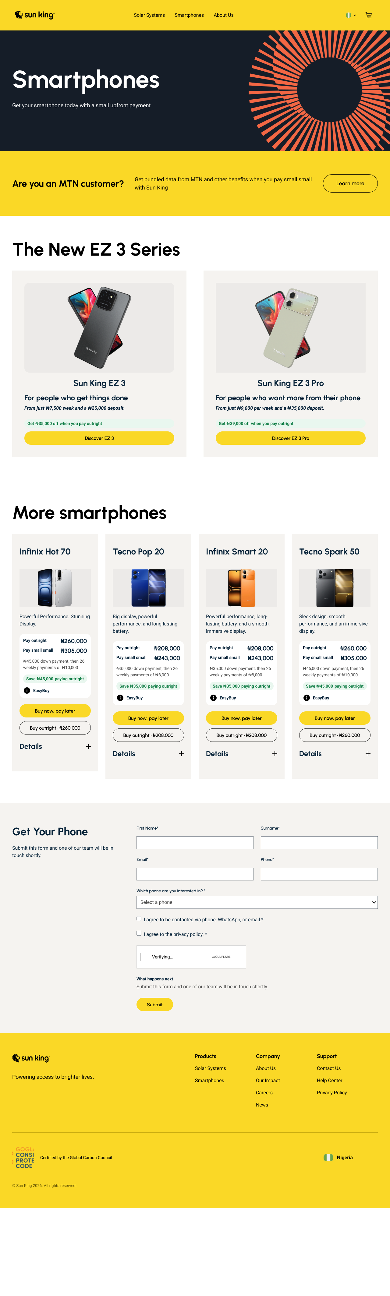 The redesigned Sun King smartphone page, full length