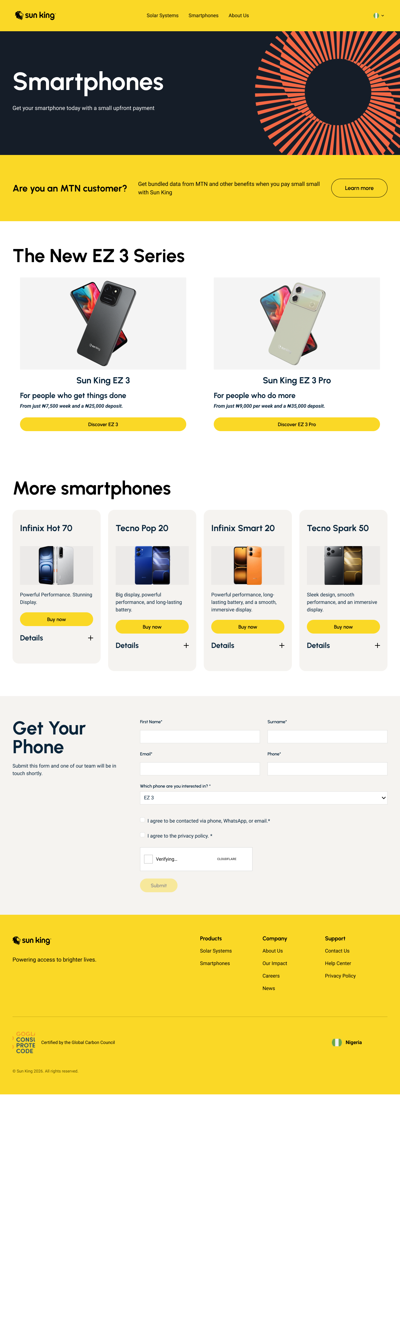 The rebuilt Sun King smartphone page before changes, full length