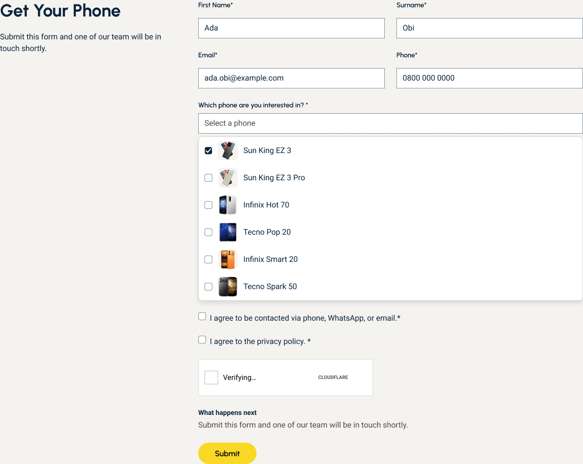 Phone list open, with a tick box and a picture for each phone