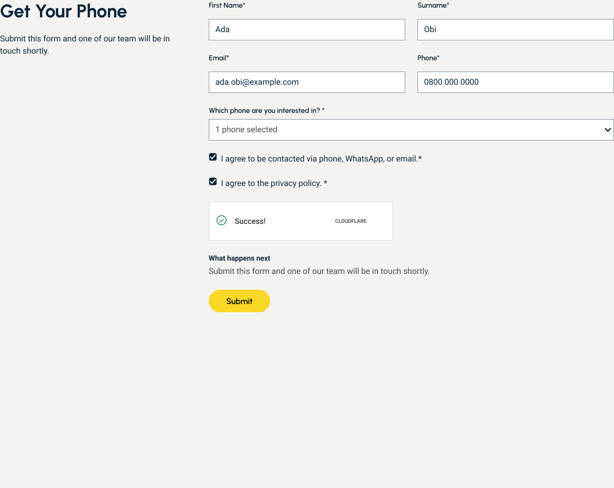Phone chosen, both consents ticked, human check passed