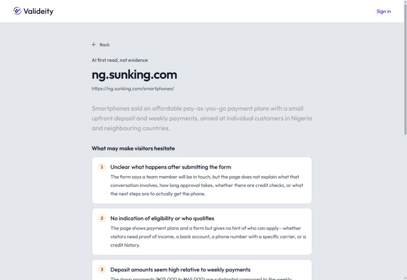 Valideity's AI first read of ng.sunking.com