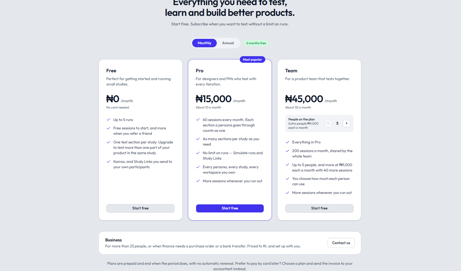 Historical public pricing page showing Free, Pro and Team plans; Pro helper text reads About 10 a month without a currency unit