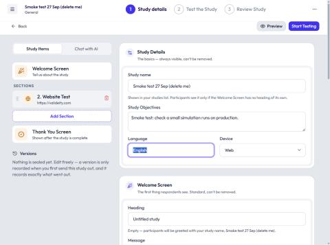 Original Valideity study builder with one website test on valideity.com